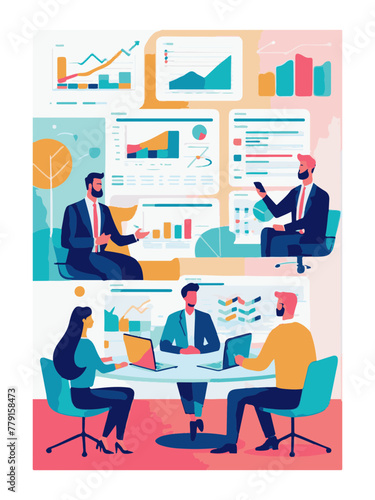 set business flat vector illustration design style concept. for graphic and web page banners, data analytics cartoon character design. team online video conference meeting. business planning, data ana