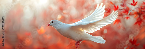 Winged dove with copy space, a representation, white dove with wings spread in front of a golden