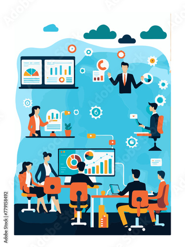 set business flat vector illustration design style concept. for graphic and web page banners, data analytics cartoon character design. team online video conference meeting. business planning, data ana