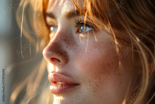 Close up portrait of beautiful Woman with sun-kissed cheeks, looking from the side