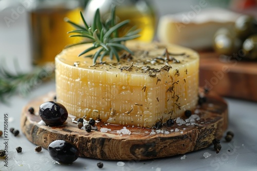 Cheese with olives and rosemary herb. Food photo.