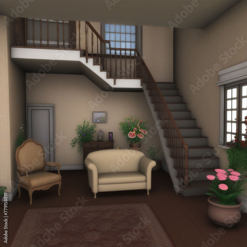 Living room with sofa and flowers and stairs to the second floor.