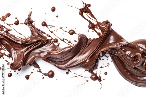Chocolate streams and drops on white.