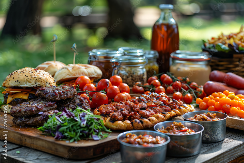 A table laden with grilled delicacies, from juicy burgers to saucy ribs, surrounded by fresh garden produce, invites an alfresco feast in the sunny embrace of nature.