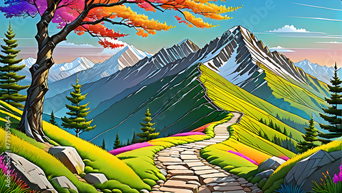 mountain,long path, tree,beautiful,scenery,Generative AI