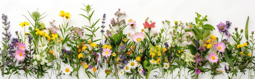 A colorful arrangement of various wildflowers displayed horizontally against a white background