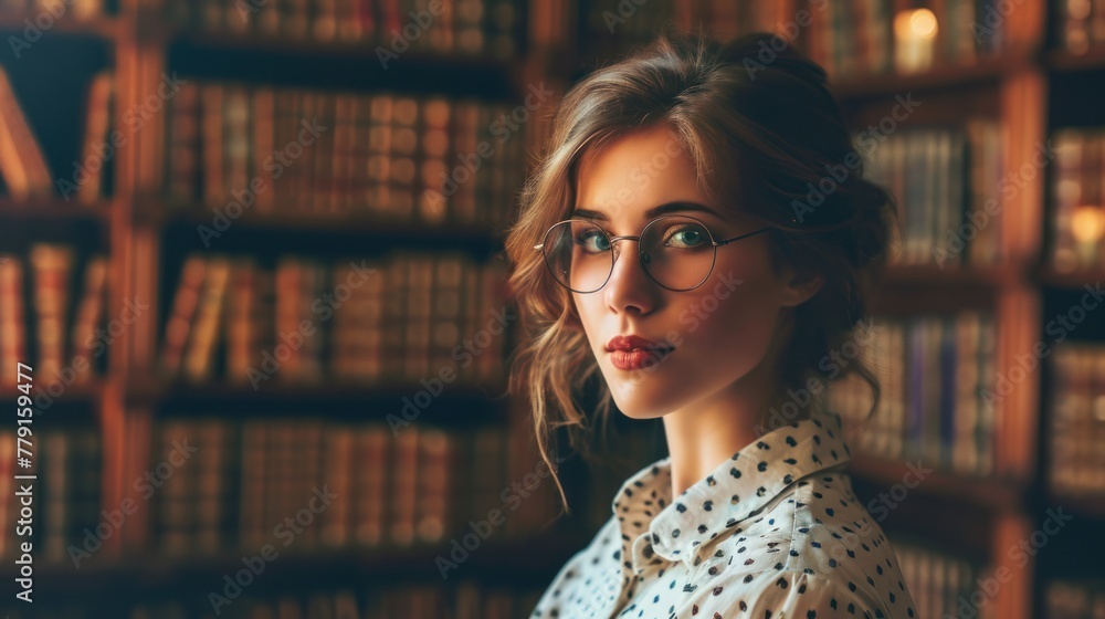 A woman with glasses stands in front of a bookshelf. A woman with glasses stands in front of a bookshelf.