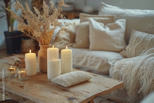 Cozy and stylish living room interior. Candles, knitted pillow cases and dried flowers.