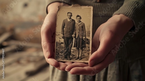 The girl is holding an old photograph of a man and a woman. The photograph is sepia toned and appears somewhat damaged. The background is blurred. photo