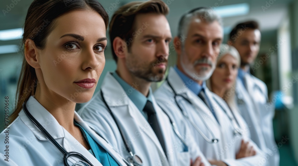 A group of doctors, including a woman and a man, are standing in a line with their arms crossed. They are wearing lab coats and stethoscopes. A group of doctors, including a woman and a man, are standing in a line with their arms crossed. They are wearing lab coats and stethoscopes.