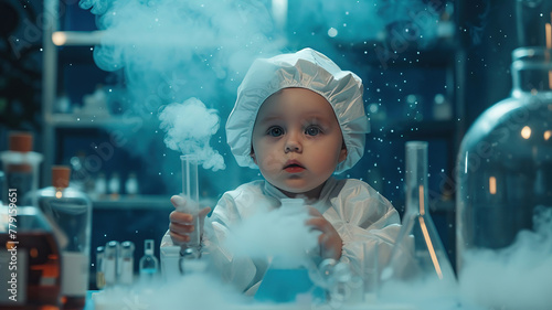 the concept of a baby doing a chemical experiment photo