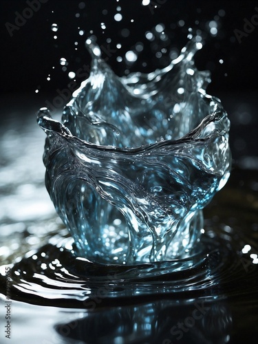 Closeup of water droplet on black surface splash splashing, captured with flash, beauty and fluidity of water hydro resources