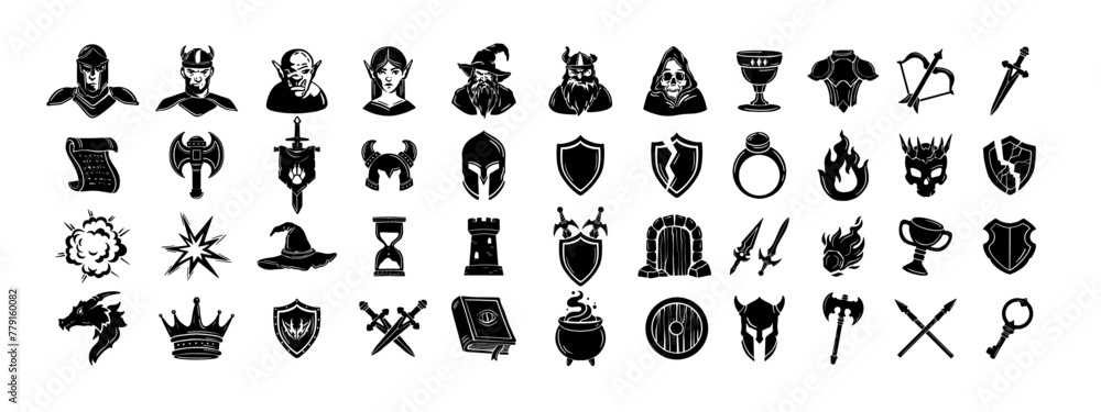Naklejka premium Game fantasy icon set, vector magic dungeon dragon RPG sign, medieval warrior avatar, fairytale sign. Knight battle sword, armour helmet, power weapon, witch hat, potion cauldron. Fantasy icon kit