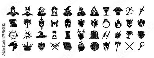 Game fantasy icon set, vector magic dungeon dragon RPG sign, medieval warrior avatar, fairytale sign. Knight battle sword, armour helmet, power weapon, witch hat, potion cauldron. Fantasy icon kit