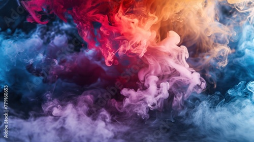 A billowing mass of multi-colored smoke  mostly red and blue  on a black background. The smoke is thick and billows in all directions  creating a dramatic and eye-catching effect.