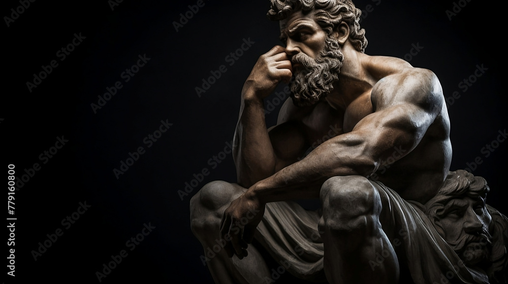 Statue of a muscular god with a thoughtful posture Statue of a muscular god with a thoughtful posture