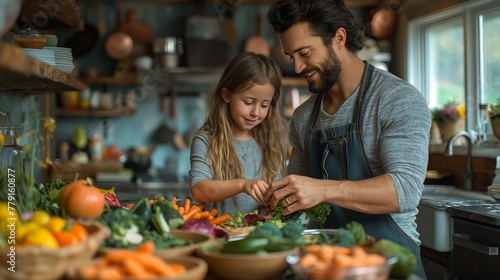 A father and his young daughter enjoy preparing a healthy meal together  surrounded by an abundance of fresh vegetables in a bright  rustic kitchen.