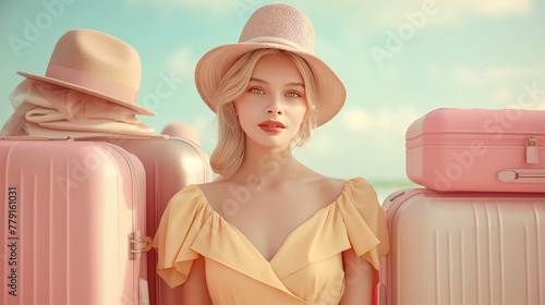 Stylish woman with a retro vibe posing near a collection of pastel luggage photo