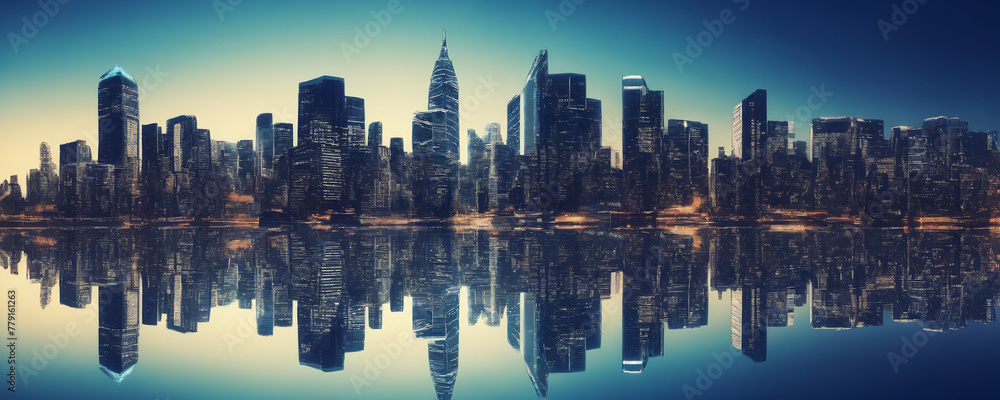 A city skyline is reflected in the water below, showcasing the urban landscape mirrored in a clear river or lake. The tall buildings, busy streets, and bright lights create a striking contrast 