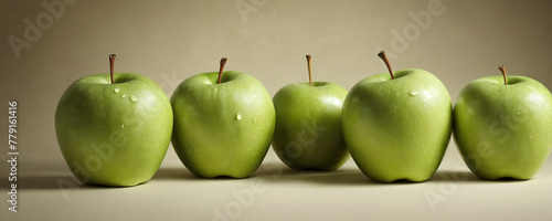 A straight line of vibrant green apples placed next to each other on a flat surface  showcasing their round shape and glossy skin. The apples appear ripe and ready to be picked or enjoyed.