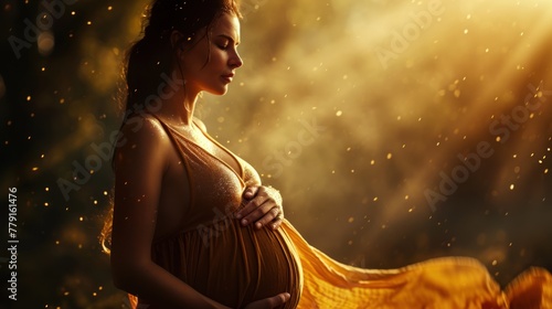 A pregnant woman in a gold dress holds her belly against the background of rays of light.