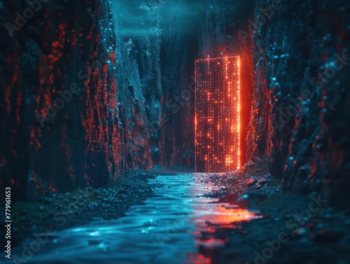Conceptual portrayal of a random click initiating a cascade of code, leading to a dimly illuminated digital gateway representing a cybersecurity breach