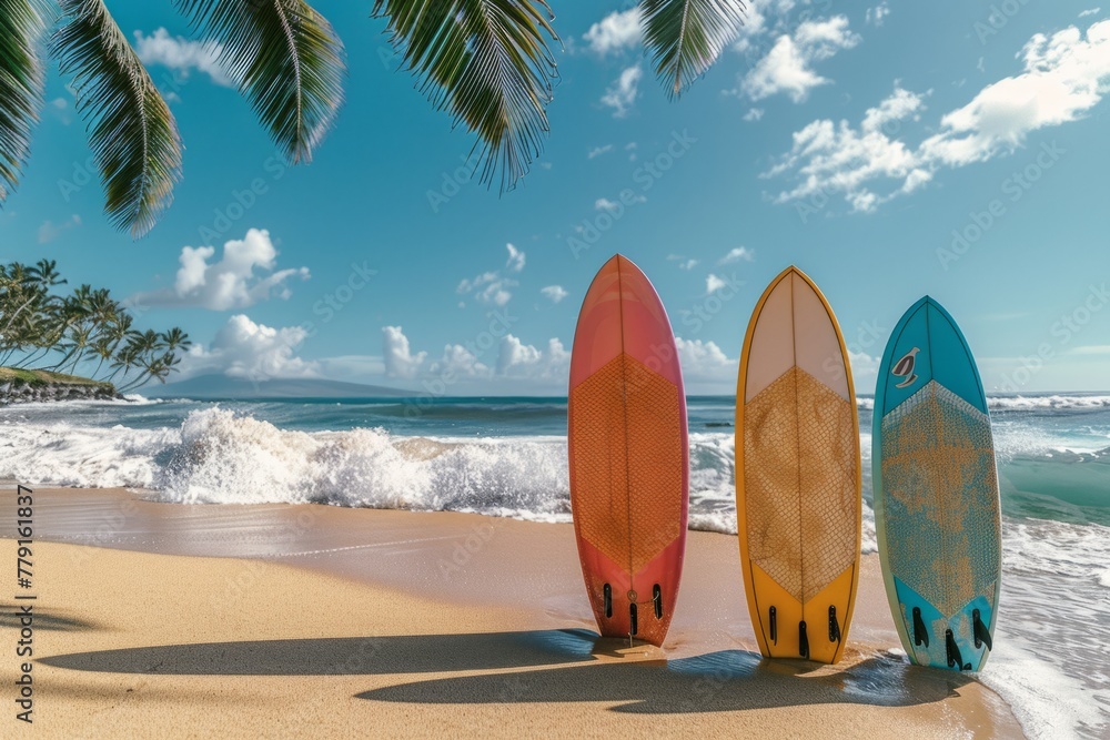 Three surfboards stuck in the sand await surfers on the seashore, summer fun concept. Three surfboards stuck in the sand await surfers on the seashore, summer fun concept.