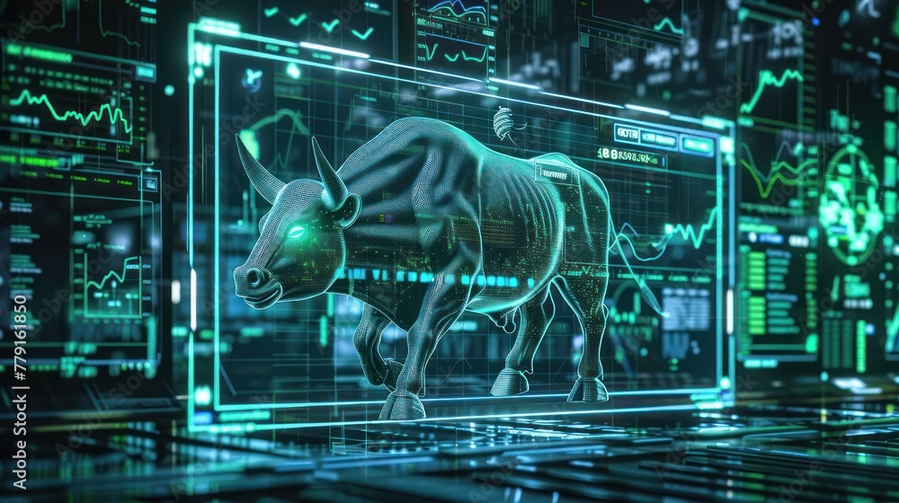 Photograph a conceptual piece where a digital bull charges through barriers on a screen, with elements of graphs and green arrows surrounding it, set in a high-tech trading floor environment Photograph a conceptual piece where a digital bull charges through barriers on a screen, with elements of graphs and green arrows surrounding it, set in a high-tech trading floor environment