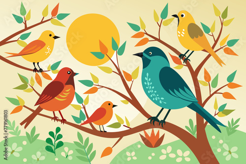 birds on branches only sun in the background vector illustration