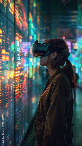 Photograph a businesswoman wearing VR glasses, standing in an open space with virtual screens surrounding her, each displaying different market analytics, visualizing the future of market research
