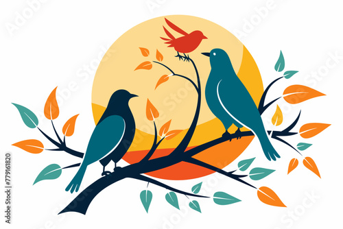 birds on branches only sun in the background vector illustration