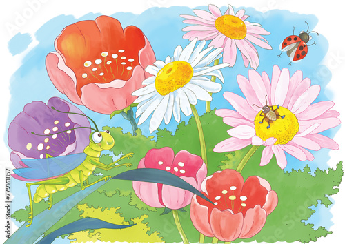 Flowers and insects. Coloring page. Illustration for children. Cute and funny cartoon characters