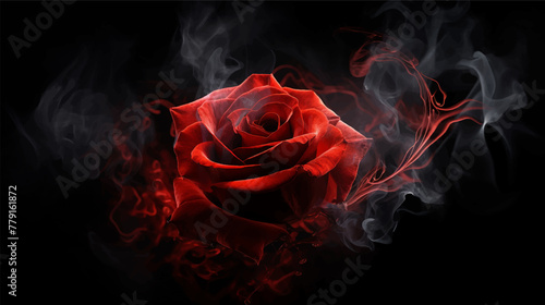 Red rose wrapped in smoke swirl on isolated black background