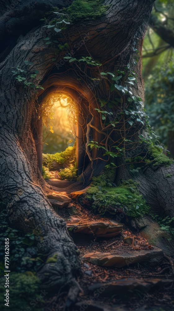 Photograph an enchanting forest scene where a hidden door in a tree trunk stands ajar, a soft light spilling out, inviting the viewer into a realm of magic Photograph an enchanting forest scene where a hidden door in a tree trunk stands ajar, a soft light spilling out, inviting the viewer into a realm of magic