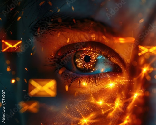 Photograph an individual's eye, with the glow of an email-filled screen reflecting in their gaze, highlighting the overwhelming sensation of unread messages photo