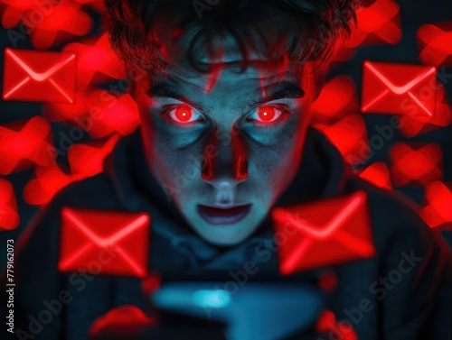Photograph the sharp contrast of unread email notifications lighting up a phone screen, with the user's face in the background blurred, symbolizing disconnect and digital fatigue