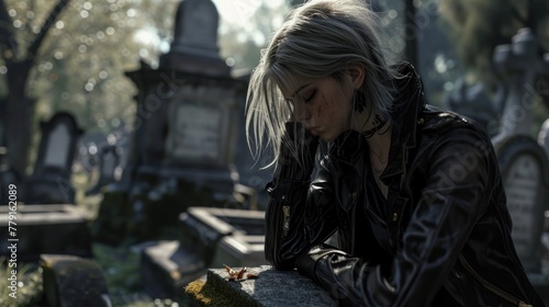 A woman with white hair and a leather jacket sits at a grave in a cemetery.