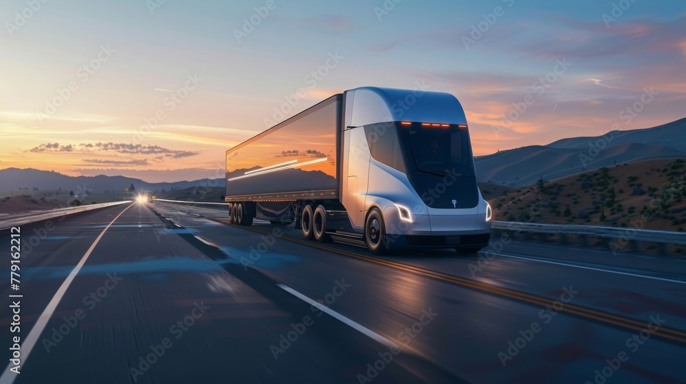 Futuristic Truck Cruising on Highway at Dusk Futuristic Truck Cruising on Highway at Dusk