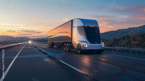 Futuristic Truck Cruising on Highway at Dusk