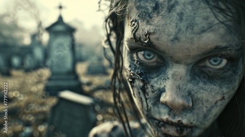 A close-up of a zombie girl s face with a cemetery in the background. She has blue eyes and her face is covered in dirt and blood.