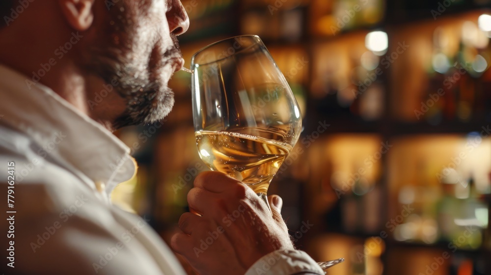 Caucasian man holding and smelling a glass of white wine at the bar - obrazy, fototapety, plakaty 