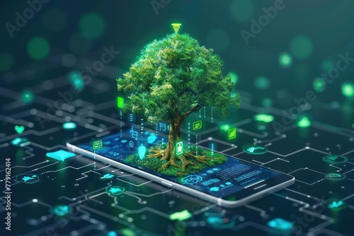 A visual metaphor of a smartphone as a digital seed growing into a technology tree with branches representing apps, business tools, and connections, in isometric style