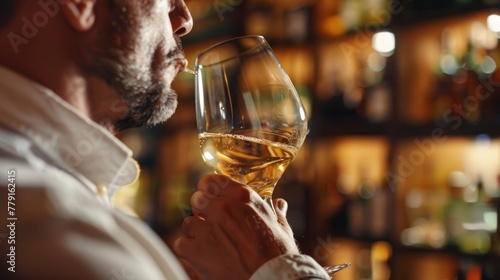 Caucasian man holding and smelling a glass of white wine at the bar photo