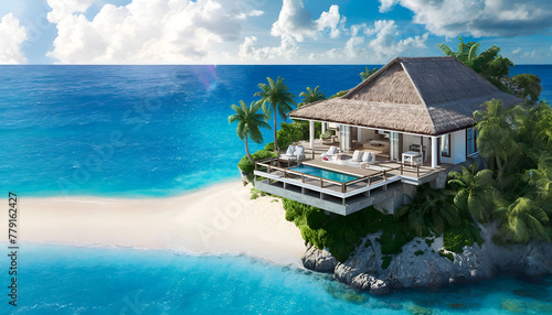  luxurious tropical bungalow  nestled on a private island aroung azure clear water. travel and relax concept. Ai generated