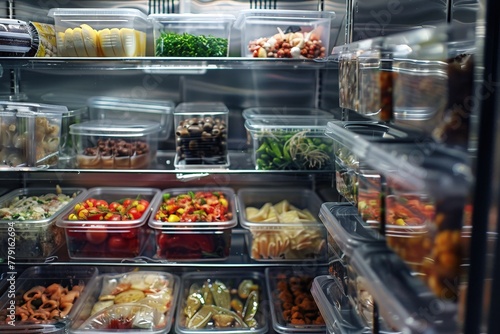 Storing food in the refrigerator. Vegetables and ready-made food in containers. Refrigerator shelves.