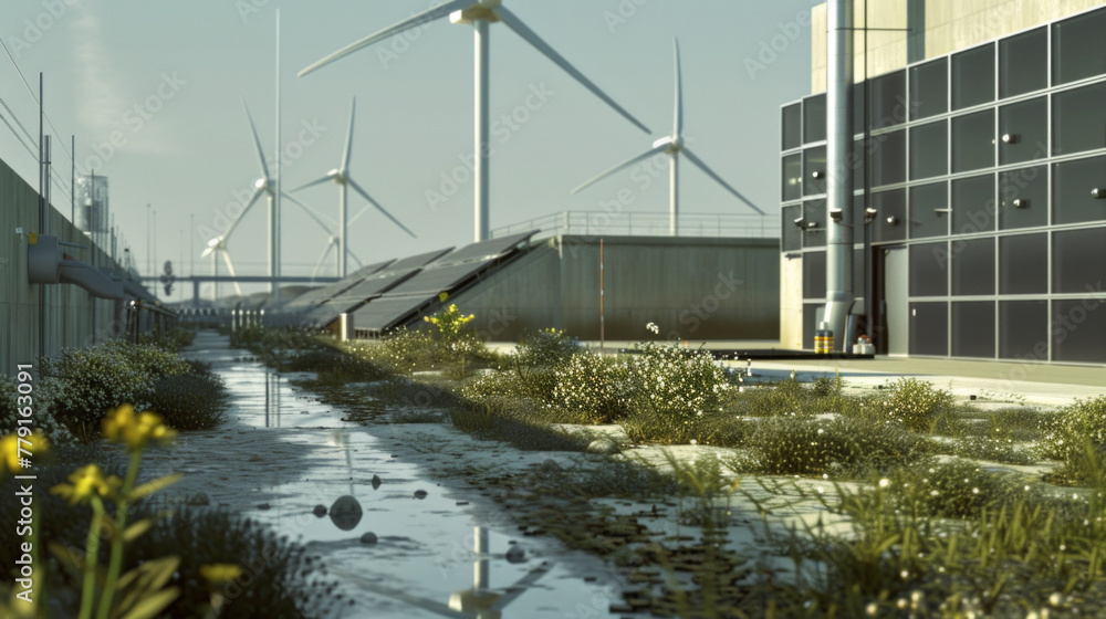 A cutting-edge renewable energy facility with solar panels, wind turbines, and energy storage systems, momentarily silent but capable of generating clean electricity