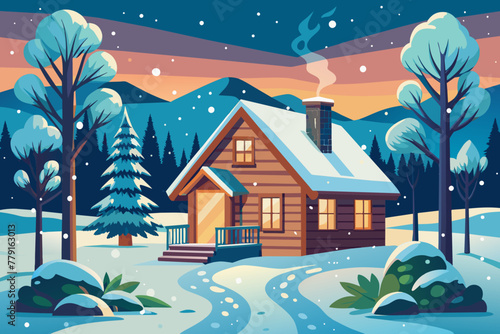 Describe a cozy scene in a rustic cabin during a gentle snowfall.