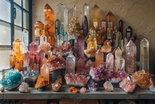 Magic witchcraft altar with gem stones and crystals. Wiccan.