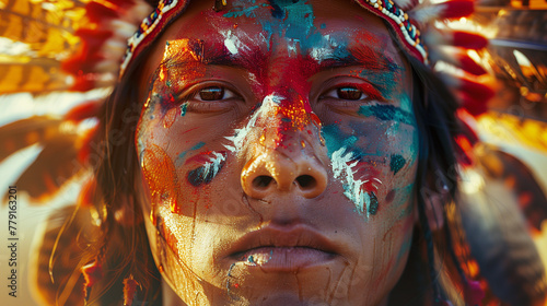 Indigenous person with traditional face paint and headdress. Pride, Empowerment and Cultural Significance. photo