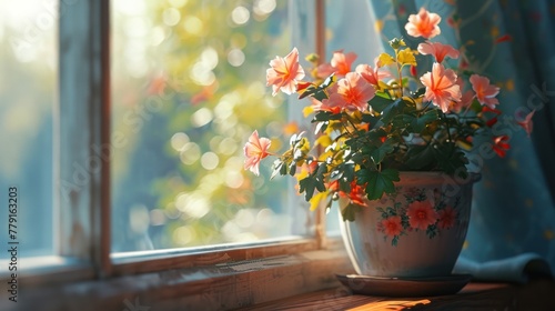 There is a plant in a pot with pink flowers on the windowsill  and sunlight is shining through the window.